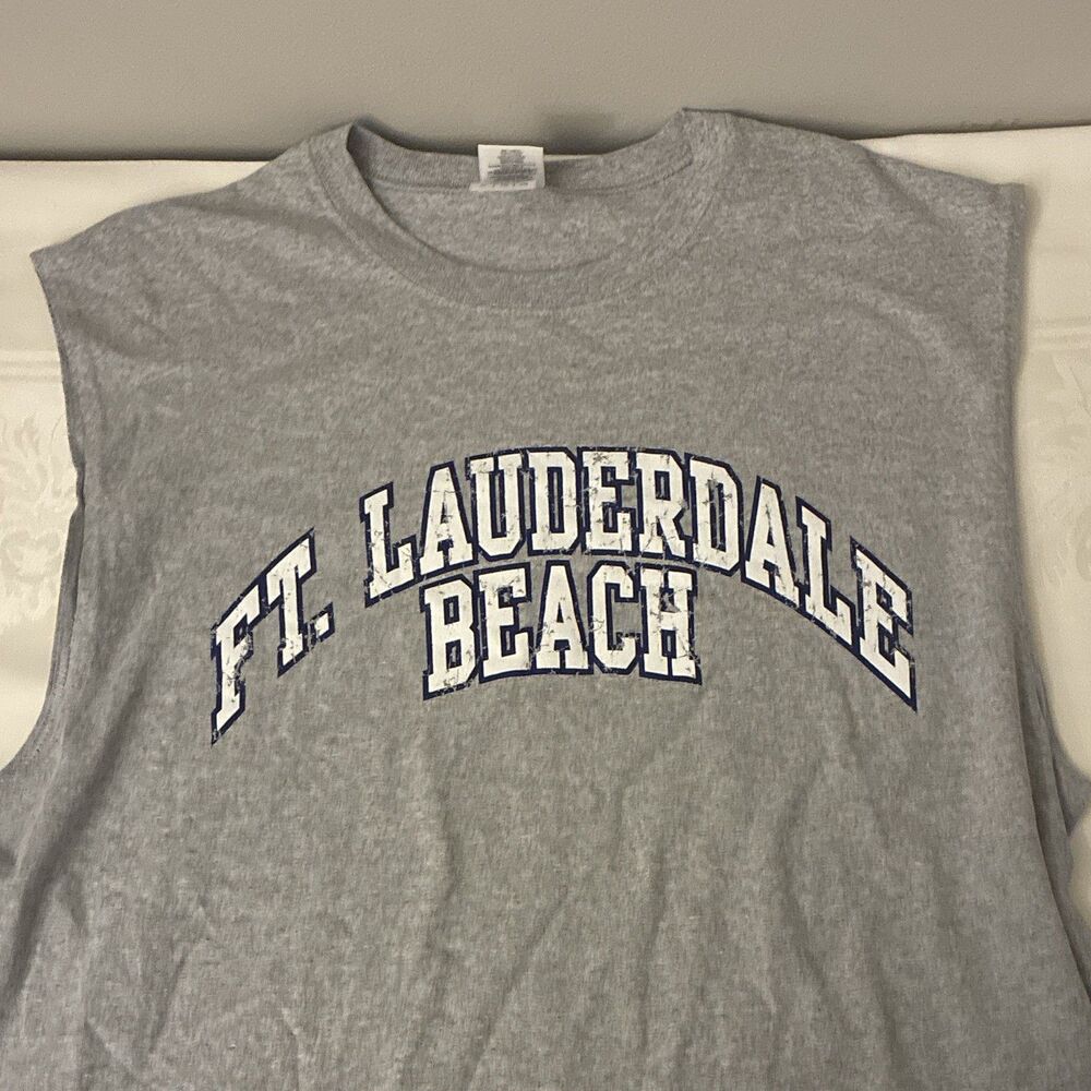 Gildan Ultra Cotton Men's Gray Ft. Lauderdale Beach Graphic Sleeveless Tee XL